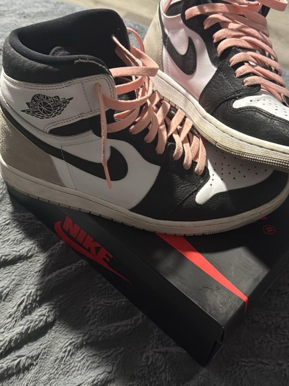 Jordan Men’s Air Jordan 1 High Top Sneakers in Black, White & Pink